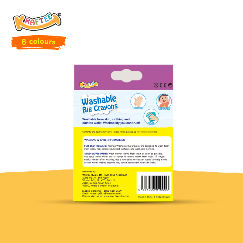 Astra Family A package of Kraftee 8pcs Washable Big Crayons - For Little Hands, perfect for baby crayons.
