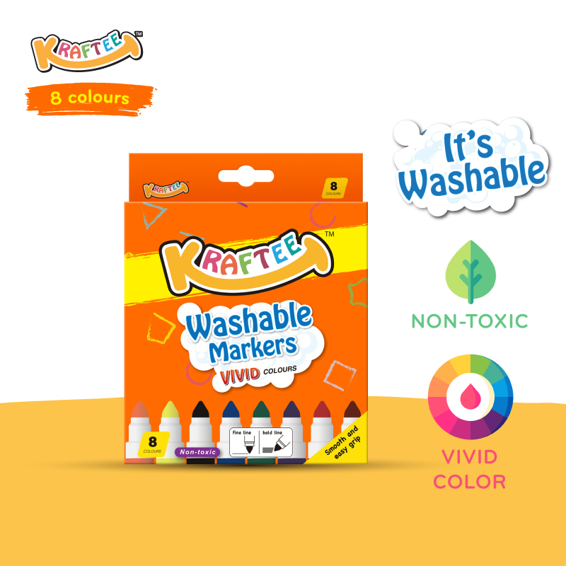 Astra Family A pack of KRAFTEE 8ct Washable Markers with different colors.
