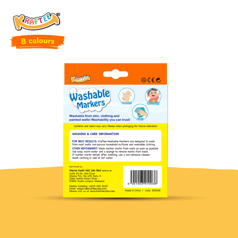 Astra Family A yellow background showcasing a package of KRAFTEE 8ct washable markers.