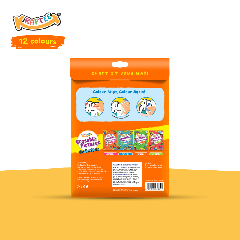 Astra Family A wipe off coloring book with kids crayons featuring KRAFTEE Erasable Picture Cards - My Pets with a picture of a cat and a dog.