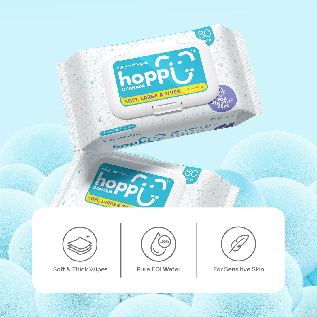 Hoppi Wet Wipes - 80 Sheets-3 in 1 Bundle Pack (with White Cap)