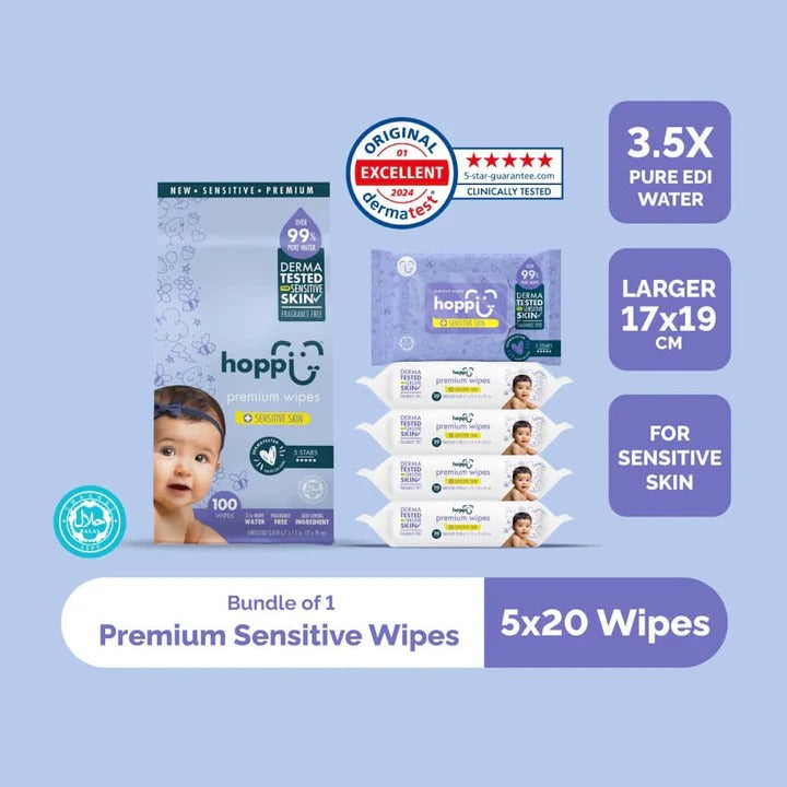 Hoppi 99% Premium Water Baby Wipes - 20 sheets - 5 in 1 Bundle Pack