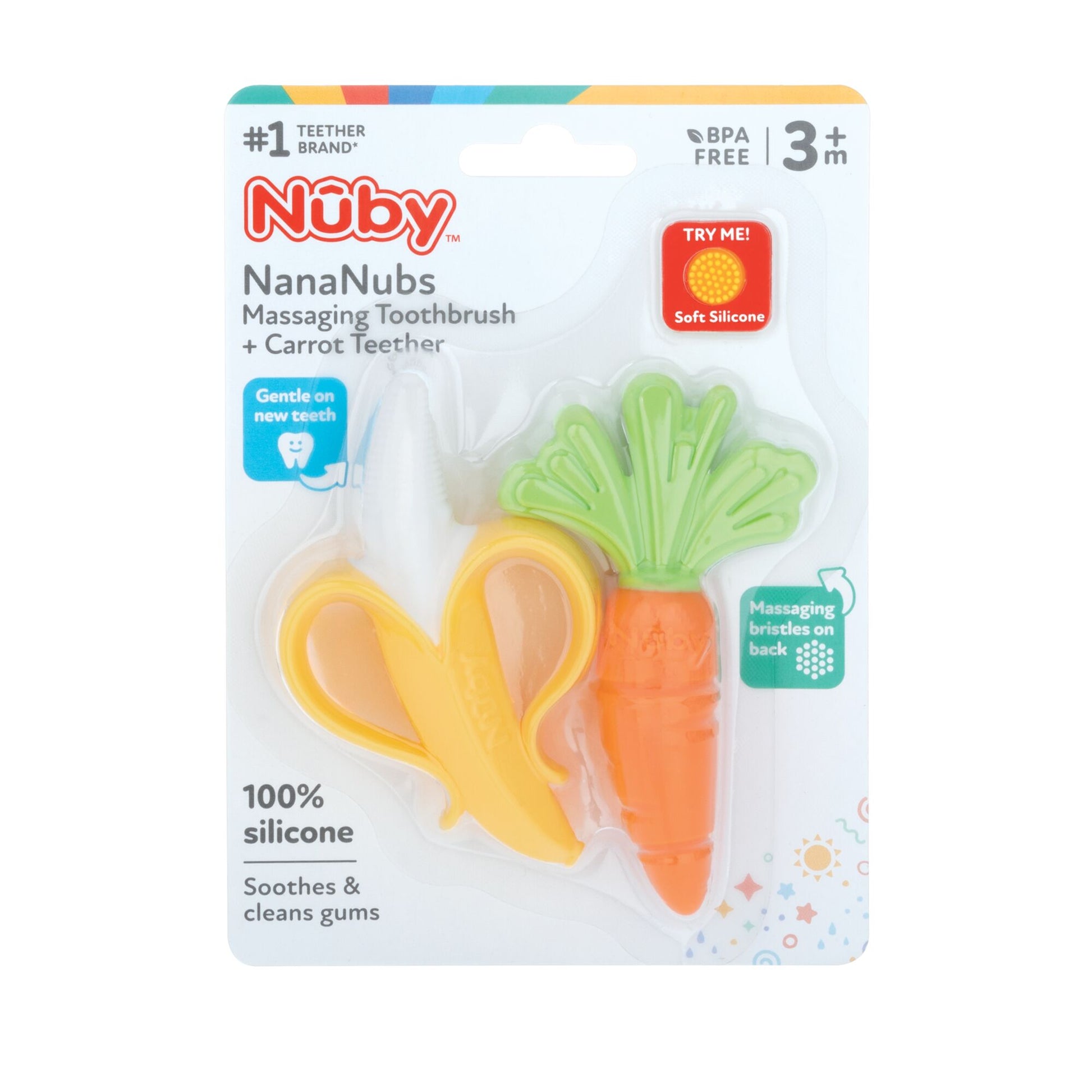 Nuby NanaNubs Banana Massaging Toothbrush and Carrot Teether - (2 Pack) Baby Teething Toys for 3+ Months