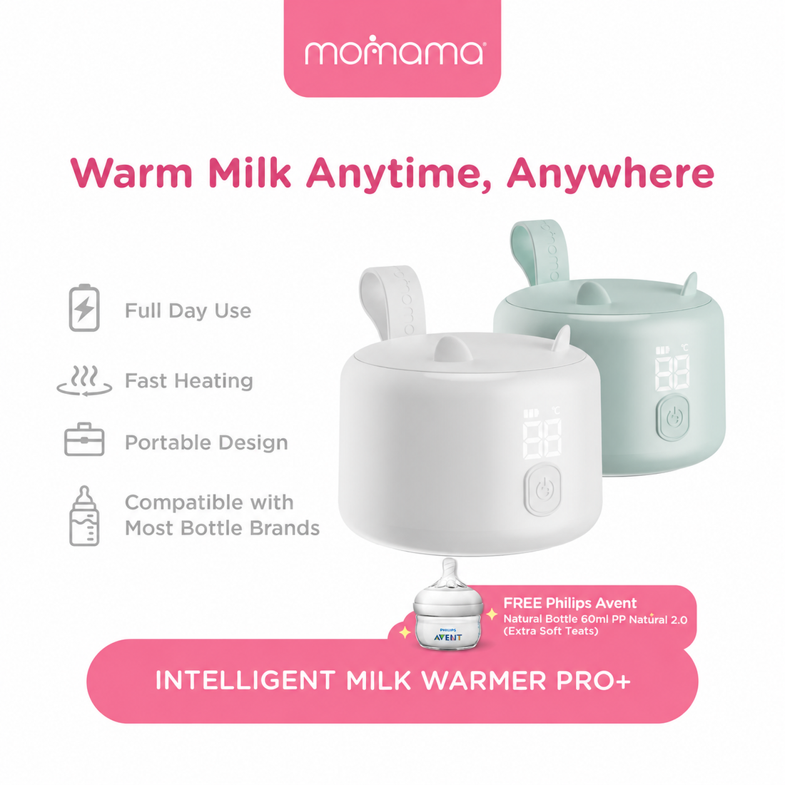 Momama Intelligent Milk Warmer PRO+ – Portable Bottle Warmer, 9000mAh, 4 Temperature Settings - Astra Family