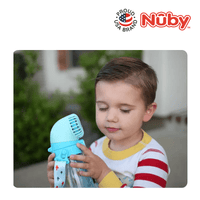 Astra Family A young boy is holding a blue nuby water bottle.