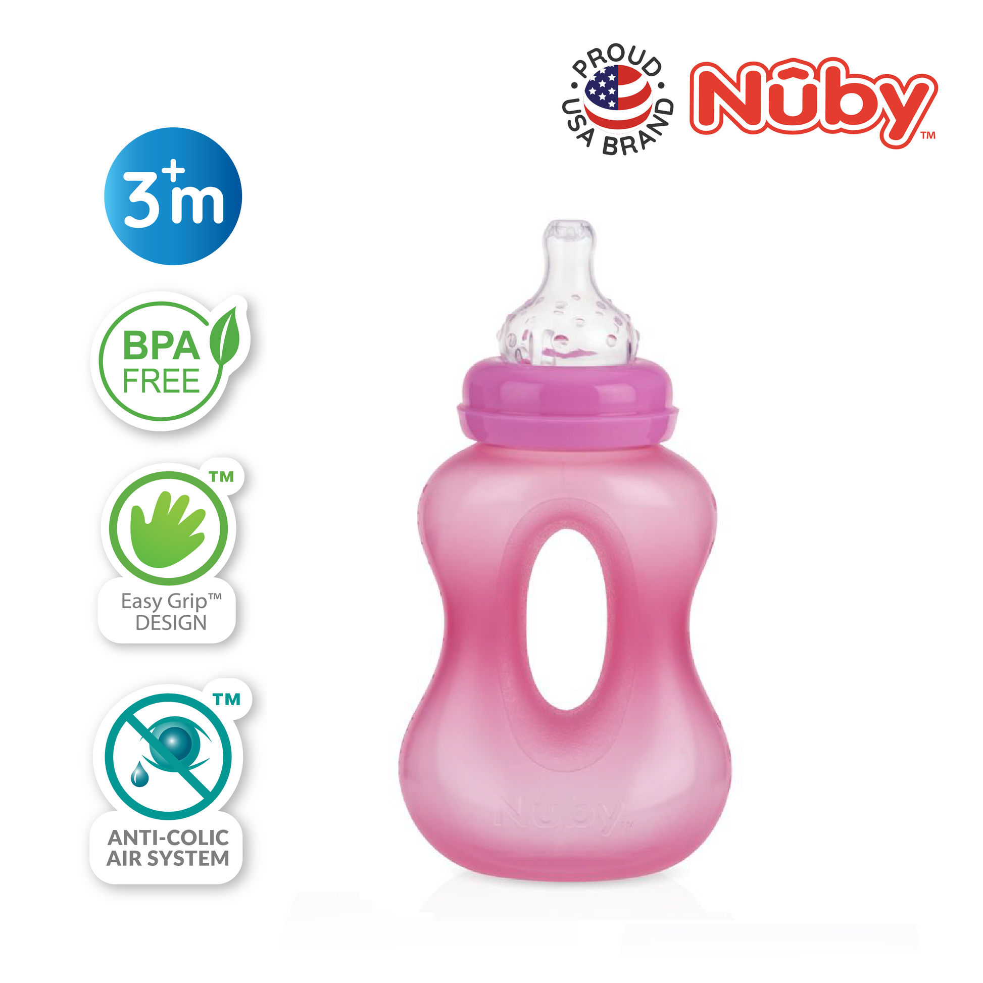Nuby 1Pk 8oz No Spill Wide Neck Gripper Pal Bottle with Non Drip Silicone Nipple