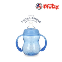 Astra Family Blue Nuby 3 Stage Tritan WN 8oz/240ml Bottle with Handles featuring the word "Nuby.