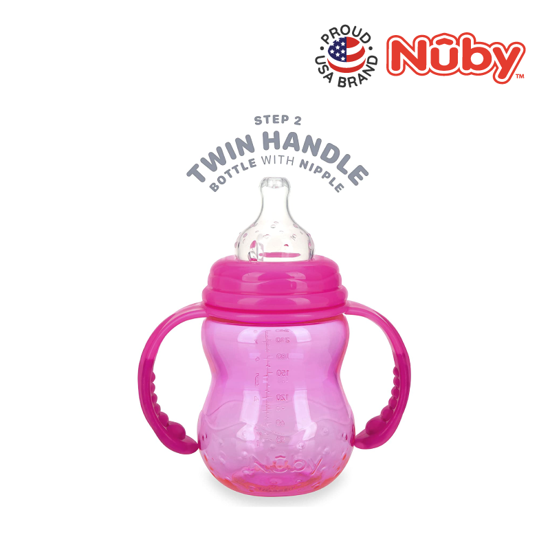 Astra Family A Nuby 3 Stage Tritan WN 8oz/240ml Bottle w/Handles featuring the Nuby logo.