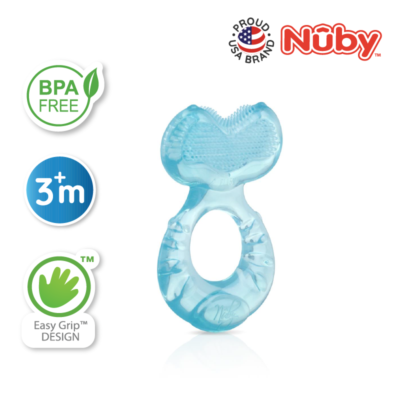 Astra Family A blue toothbrush with the words nuby on it, featuring comfort bristles and a hygienic case.