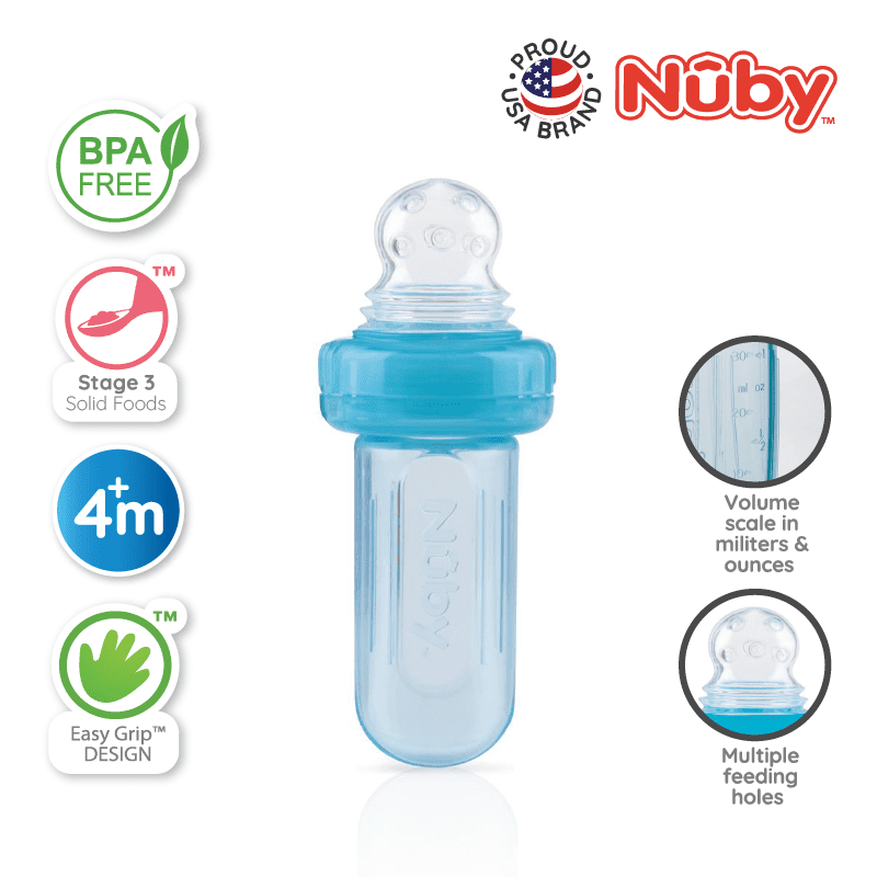 Astra Family The nuby baby bottle has a blue color and a number of different features.