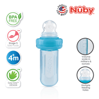 Astra Family The nuby baby bottle has a blue color and a number of different features.