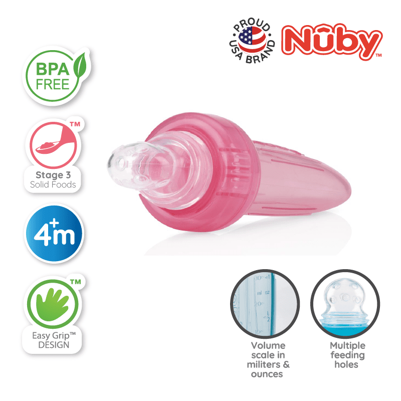 Astra Family A pink nuby pacifier with the words nuby on it.