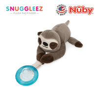 Astra Family A sloth - shaped stuffed animal with a blue pacifier.