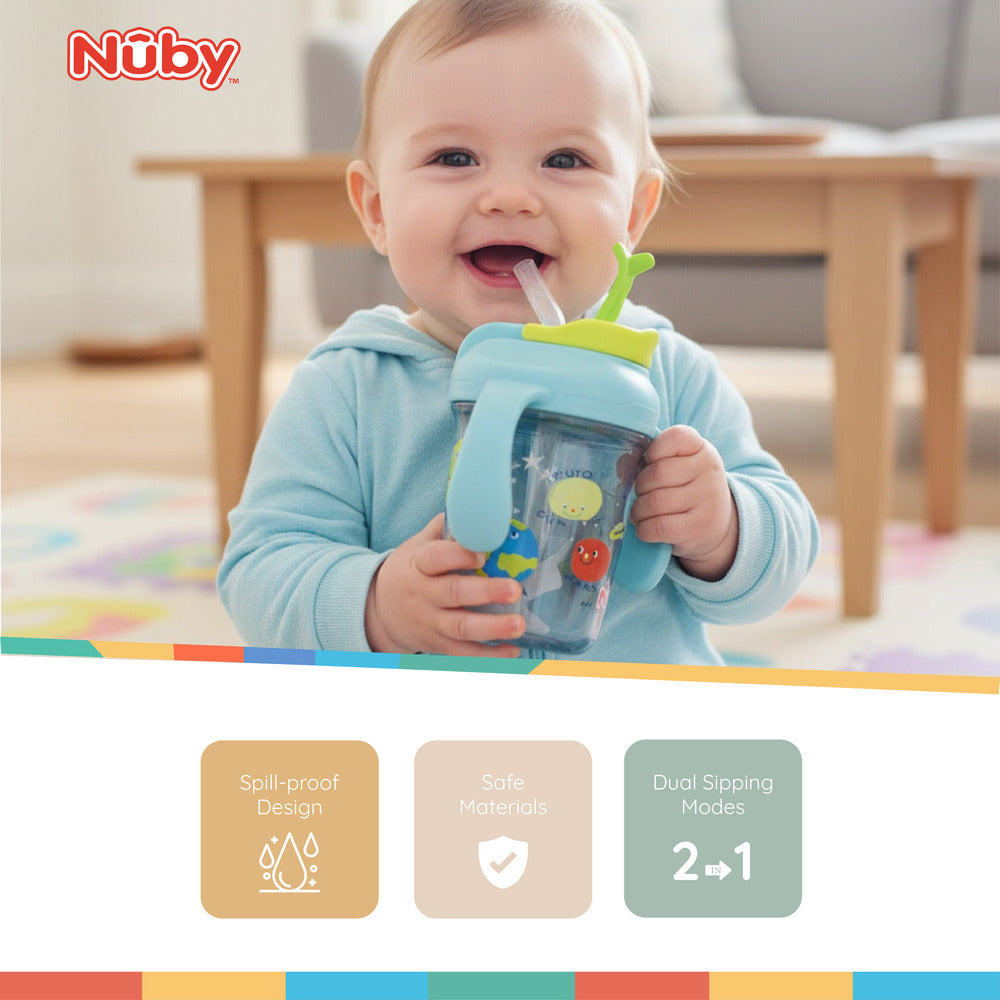 Nuby Multi-Function 2-in-1 Toddler Cup with 360° Weighted Straw and Hard Spout - 8 oz - Easy Grip Handles and Flip-It Top - 4+ Months - Astra Family