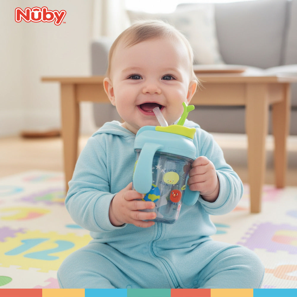 Nuby Multi-Function 2-in-1 Toddler Cup with 360° Weighted Straw and Hard Spout - 8 oz - Easy Grip Handles and Flip-It Top - 4+ Months - Astra Family