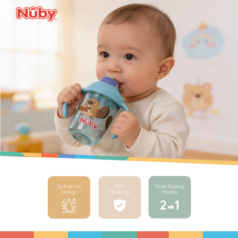 Nuby Multi-Function 2-in-1 Toddler Cup with 360° Weighted Straw and Hard Spout - 8 oz - Easy Grip Handles and Flip-It Top - 4+ Months - Astra Family