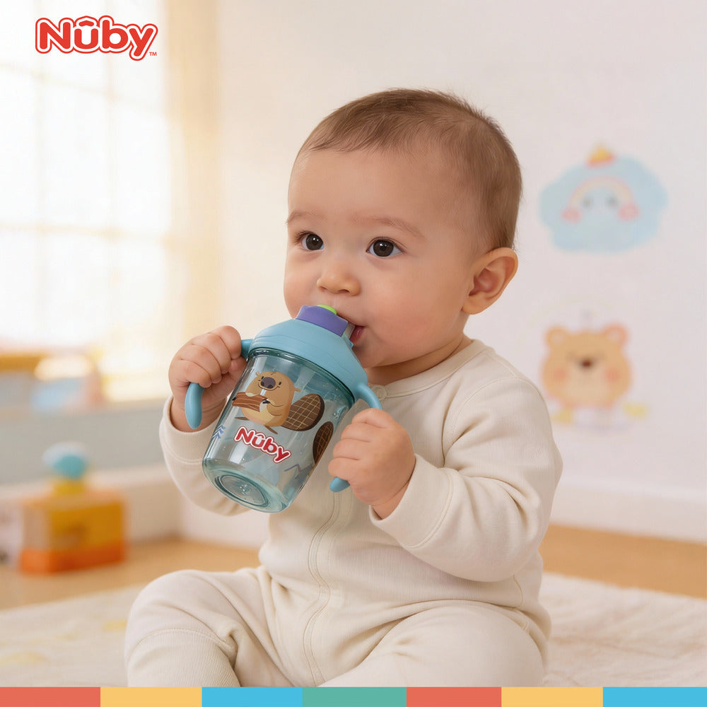 Nuby Multi-Function 2-in-1 Toddler Cup with 360° Weighted Straw and Hard Spout - 8 oz - Easy Grip Handles and Flip-It Top - 4+ Months - Astra Family