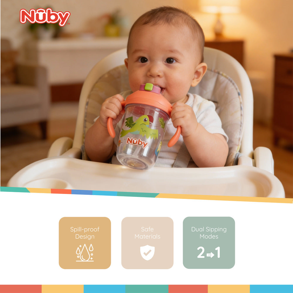 Nuby Multi-Function 2-in-1 Toddler Cup with 360° Weighted Straw and Hard Spout - 8 oz - Easy Grip Handles and Flip-It Top - 4+ Months - Astra Family