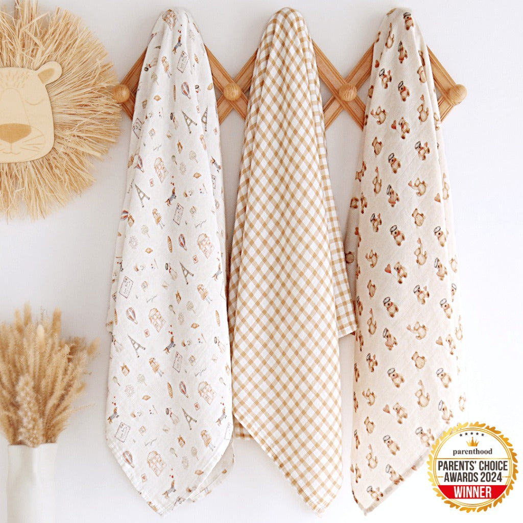 Swaddle bundle 3 in 1 Set 2 (Parisian Dreams, Autumn Toast, teddy in Paris)