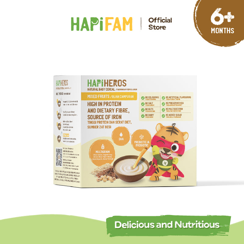 Astra Family A box of HAPIHEROS Baby Cereal - Mixed Fruit 200g (20g x 10) that is fruity and instant.