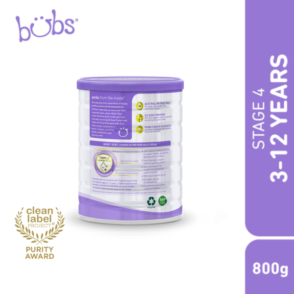 Astra Family Bob's Bubs Goat Junior Nutrition S4 is a 800g baby food with easy digest formula milk and probiotics.
