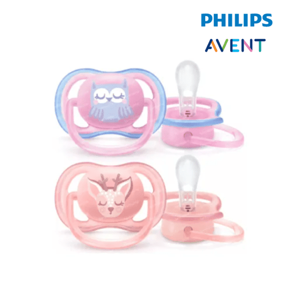 Astra Family Two philips avent pacifiers in pink and blue.