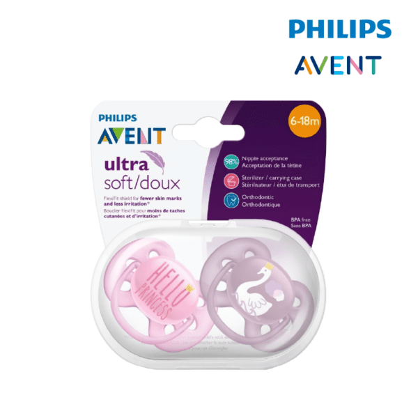 Astra Family Philips avent ultra pacifiers in pink packaging.