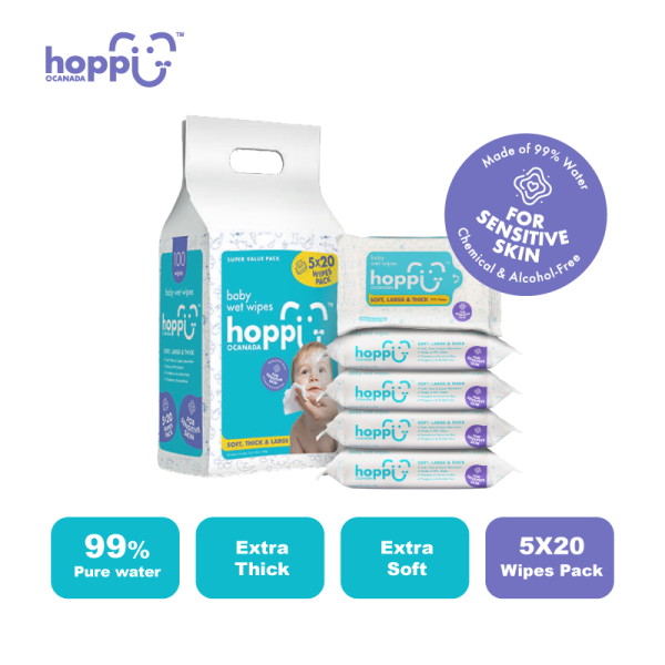 Astra Family Hoppi offers a convenient 5-in-1 bundle of baby wet wipes consisting of 20 sheets, perfect for your little one's hygiene needs.