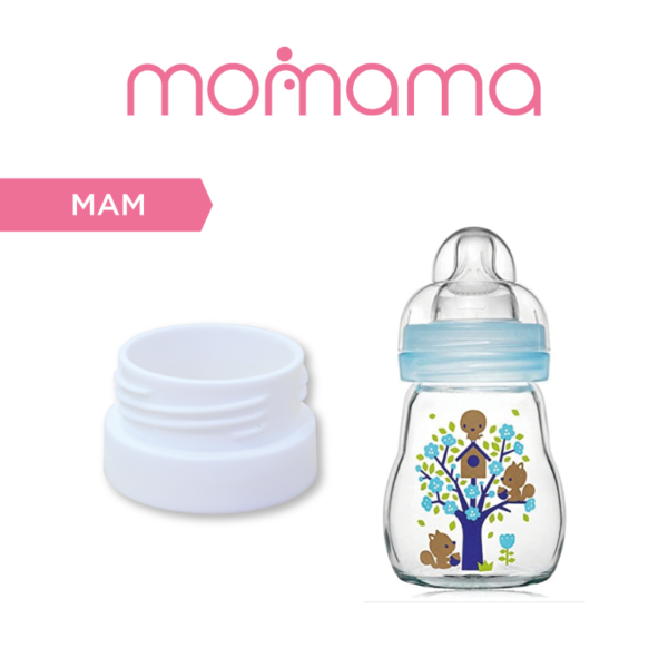 Astra Family A bottle with the Momama MM0004 Wide Neck Bottle Adapter - MAM and a bottle with a lid.