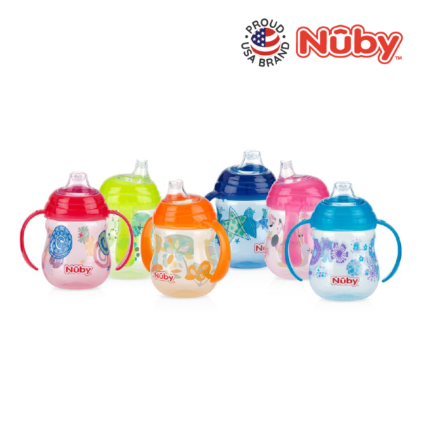 Astra Family A set of Nuby Designer Pinpoint 2 Handle Clik-It Trainer Cups being sold in various colors.