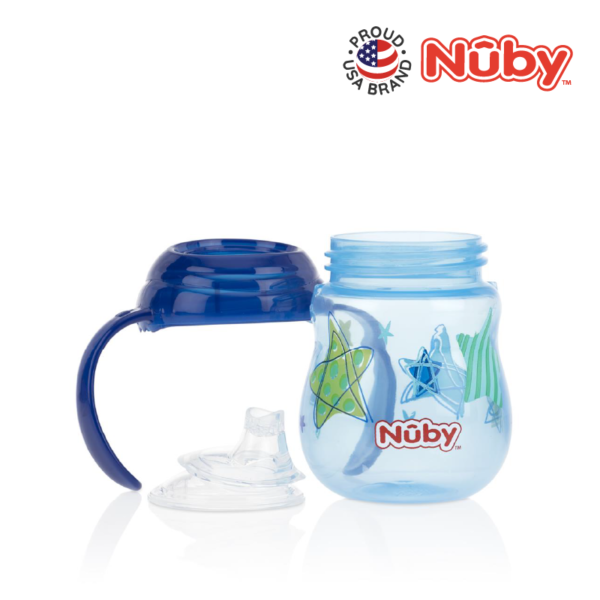 Astra Family A Nuby Designer Pinpoint 2 Handle Clik-It Trainer Cup that functions as a baby training cup.