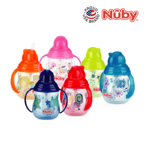Astra Family Nuby Designer Pinpoint 2 Handle Click-It Trainer Cup Weighted Straw & Flip-It Thin Straw 240ML/8OZ baby sippy cup set of 6, botol