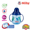 Astra Family A blue Nuby Designer Pinpoint 2 Handle Click-It Trainer Cup Weighted Straw & Flip-It Thin Straw 240ML/8OZ with a lid and a straw, suitable for 12m+ age range.
