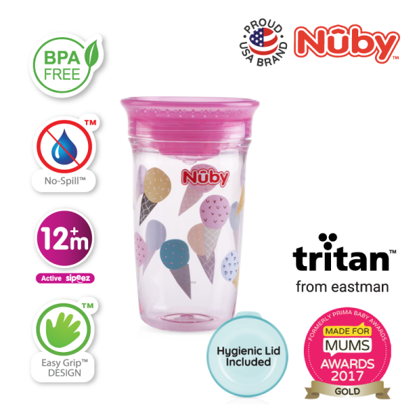 Astra Family Nuby Printed Tritan 360 Wonder Cup is a non-spill sippy cup with break resistant properties, perfect for kids.