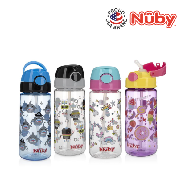 Astra Family Set of four Nuby 18oz/532ml printed tritan flip-it active cups - packaged in a wrap card.