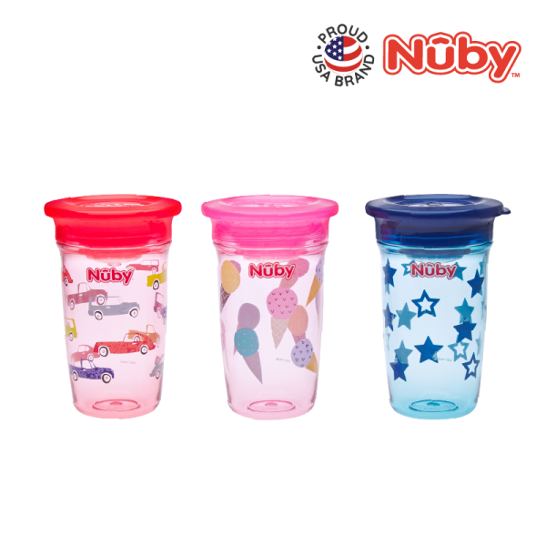 Astra Family Three break-resistant Nuby Printed Tritan 360 Wonder Cups with non-spill PP covers, perfect for kids.