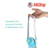 Astra Family A baby is holding a blue nuby fan with an easy grip handle and adjustable strap.