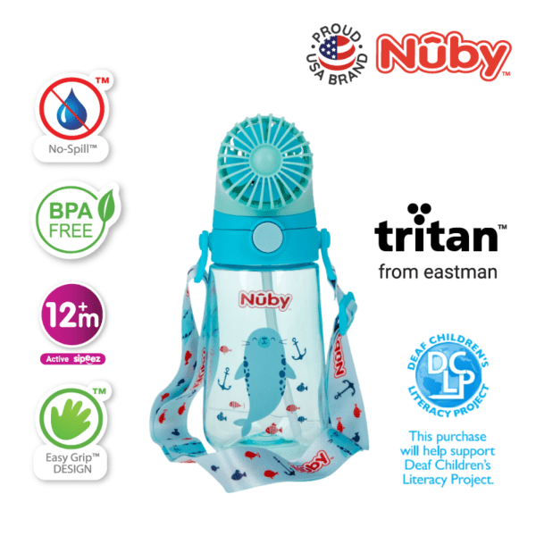 Astra Family Tritan water bottle with a blue and white design.