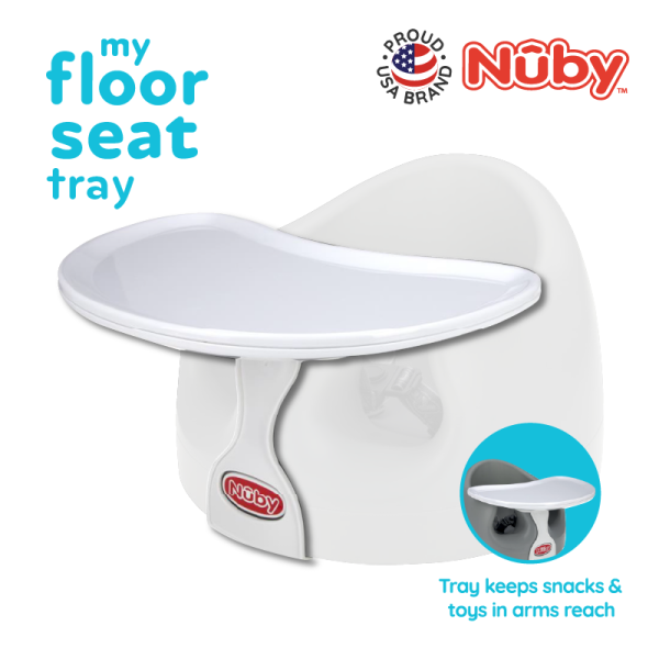 Astra Family A white Nuby floor seat tray with the word Nuby on it, serving as a baby seat tray for a dining chair.