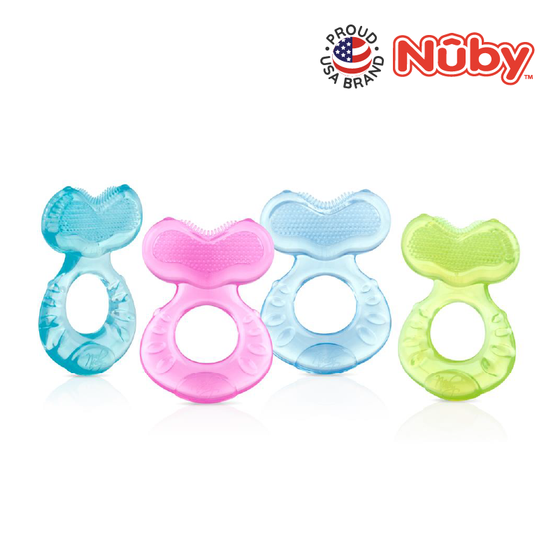 Astra Family Nuby's fish-shaped teether offers comfort and hygiene with teething bristles and a case.