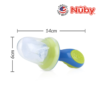 Astra Family A blue and green nuby pacifier with measurements.