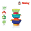 Astra Family A stack of colorful bowls with the nuby logo on them.