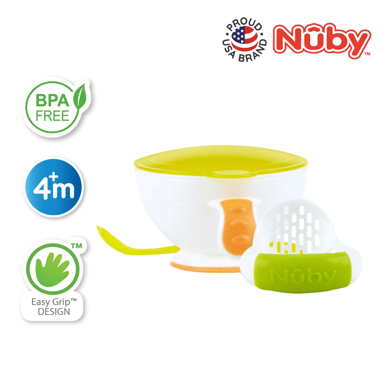 NB5435 Garden Fresh Mash N Feed Bowl with Lid Spoon and Food Masher White Green 05