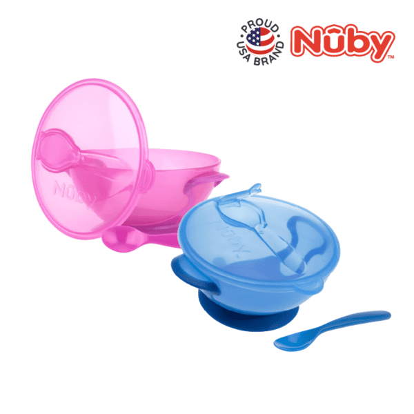 Astra Family A pink and blue nuby bowl with a spoon.