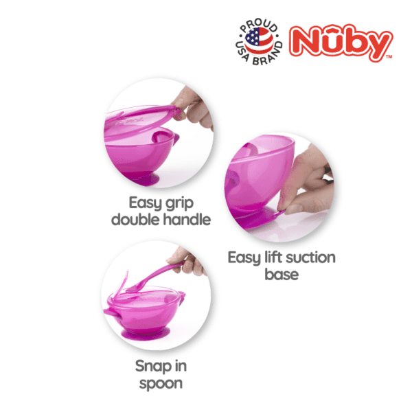 Astra Family A pink nuby bowl with instructions on how to use it.