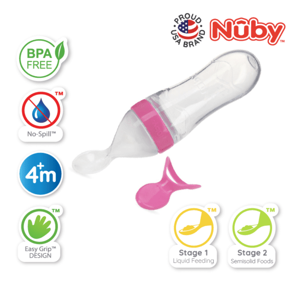 Astra Family The nuby baby bottle has a pink and green label on it.