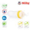 Astra Family The nuby baby bottle is shown with a number of different labels on it.