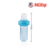 Astra Family A blue nuby pacifier bottle with measurements.