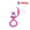 Astra Family A pink nuby pacifier with a pink ring.