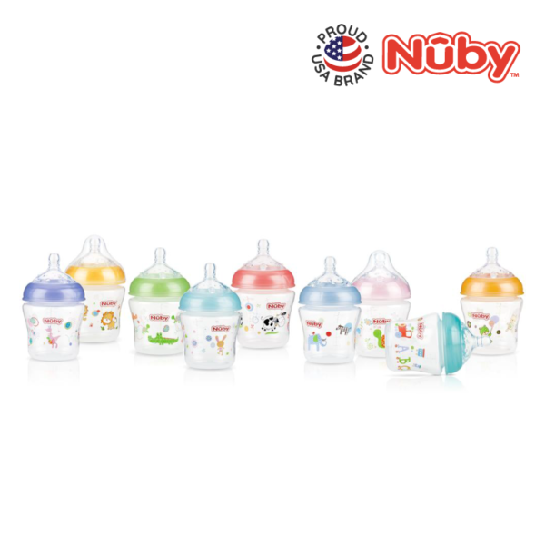 Astra Family A set of Nuby Natural Touch Printed Bottles With Slow Flow Nipple 180ML/6OZ in different colors.